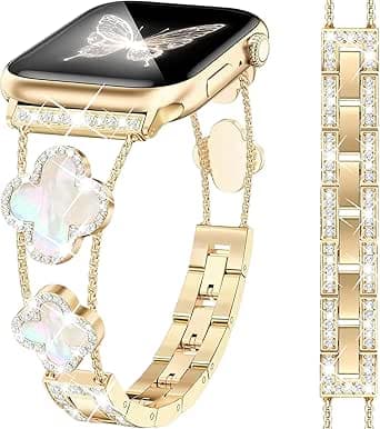 Bling Diamond Clover Bands Women Compatible with Apple Watch 40mm 38mm 41mm 42mm Lucky Cute Sparkle Dressy Bracelet Metal Strap for iWatch Series Ultra/SE/10/9/8/7/6/5/4/3/2/1