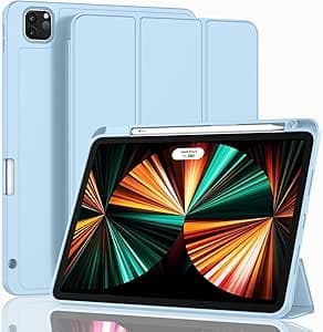 ELTERAZONE New iPad Pro 12.9 Inch Case 2021 (5th Gen) / 2020 (4th Gen) with Pencil Holder, Smart iPad Case [Support Touch ID and Auto Wake/Sleep] with Auto 2nd Gen Pencil Charging (Sky Blue)