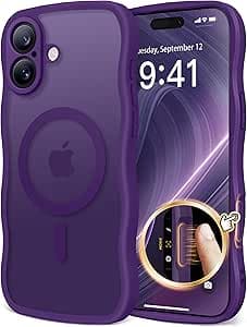 CAPRARO for iPhone 16 Case for Women Girls, Upgraded [Full Camera Protection] [Compatible with MagSafe] Cute Wave Translucent Matte Phone Case for iPhone 16, Deep Purple