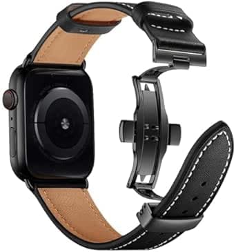 Genuine Leather Band for Apple Watch,Strap with Secure Butterfly Clasp,Universal Fit for All Series Models,Elegant Wristband for Men,Black
