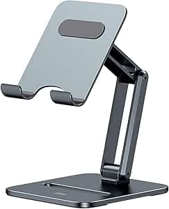 Baseus Metal Foldable Tablet Stand, Angle and Height Adjustable Phone Stand for Desk Compatible with iPad Pro/Air/Mini, iPhone, Samsung, Switch, Kindle & Upto (4-13") Screen Devices (Grey) (Tablets)