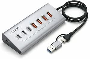 USB hub 7-Port Type C + A Expansion for laptop accessories, 10Gbps Data USB C hub, Compact Aluminum Body, 1m Braided 2-in-1 Connector, External 12V 3A Input Support, Windows macOS Linux