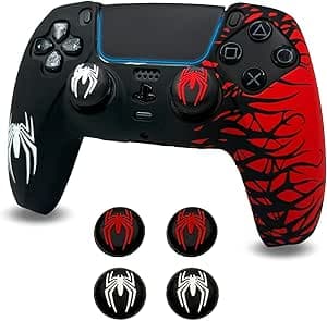 ElitePlay Black and Red Spider Anti-Slip Silicone Cover Skin for PS5 Controller, Soft Rubber Case for PS5 Wireless Controller With 2 Sets Thumb Grips