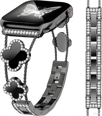 Bling Diamond Clover Bands Women Compatible with Apple Watch 40mm 38mm 41mm 42mm Lucky Cute Sparkle Dressy Bracelet Metal Strap for iWatch Series Ultra/SE/10/9/8/7/6/5/4/3/2/1