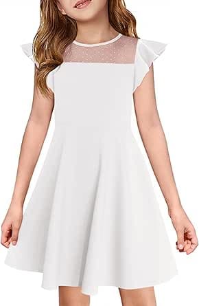 Haloumoning Girls Dress Summer Ruffle Sleeve Mesh A Line Casual Party Dresses with Pockets for Kids 4-14 Years