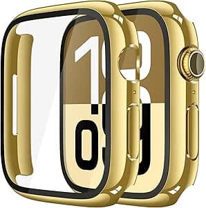 Misxi 2 Pack Tempered Glass Case Compatible for Apple Watch Series 11 (2025) Series 10 42mm, Hard PC Screen Protector Overall Protection Scratch-Resistant Cover for iWatch, 1 Gold + 1 Transparent