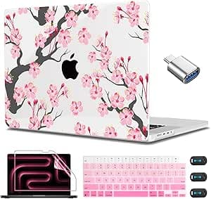 CISSOOK Cherry Blossoms Hard Shell Case for MacBook Pro 14 inch M5 A3434 M4 A3112 A3185 A3401 M3 A2992 A2918 M2 A2779 M1 A2442, Cherry Floral Cover with Keyboard Cover for 2021-2025 Pro 14.2”