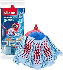 Vileda 3action Supermocio Floor Mop Refill, Versatile, Red Spot Eraser, Blue Microfiber, 3D Red Spots.