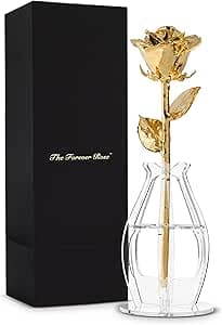 Forever Rose 24K Gold Dipped Real Rose – Handmade, Long-Lasting Preserved Flower in Bloom Box & Vase – Romantic Gift for Anniversary, Valentine's Day, Mother's Day, Birthday, Wedding, Wife, Girlfriend