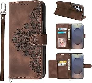Case for Samsung Galaxy S25 Ultra 5G 6.8, 5 Card Slots Case for S25 Ultra/SM-S938B/DS Vintage Style PU Flower Leather Protective Case, Brown