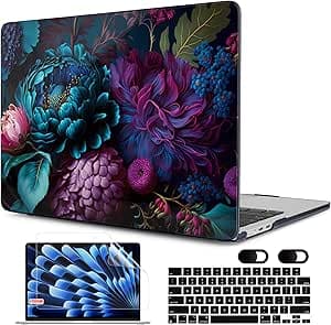 MEEgoodo Case M3 for MacBook Air 13.6 inch Case 2024 2022, Fit Model A3113 A2681 with M3 M2, Clear Laptop Hard Shell Cases with Keyboard & Webcam Cover & Screen Protector, Beautiful Fantasy Flower
