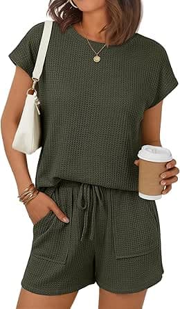 LILLUSORY Women 2 Piece V Neck Matching Lounge Sets Clothing 2026 Waffle Cap Sleeve Spring Airport Outfits with Shorts