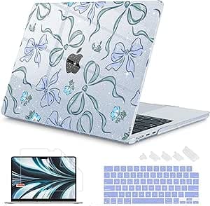 Mektron for 2025-2022 MacBook Air 13.6 inch Case M4 M3 M2,Model A3240 A3113 A2681 with Liquid Retina Display Touch ID,Printed Bright Hard Shell Cover for MacBook Air 13.6", Bows C355-Glitter Blue